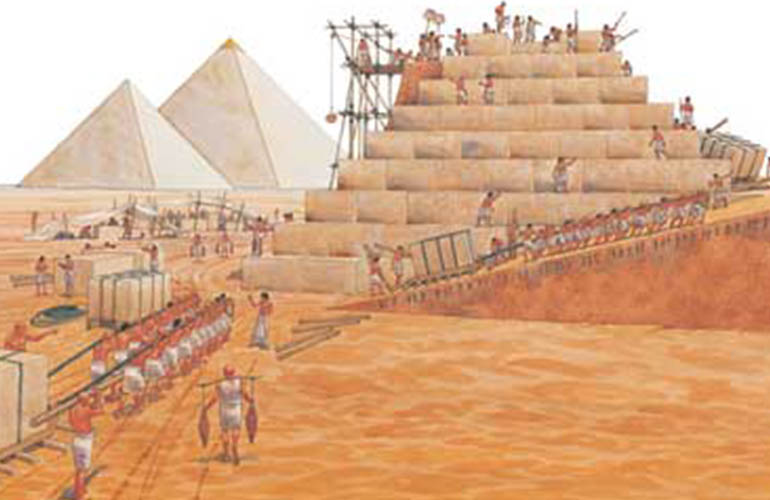 The Great Pyramids of Giza being built